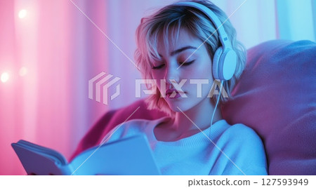 Woman wear headphone while reading leaning on sofa. Woman wear headphone while reading leaning on sofa. 127593949