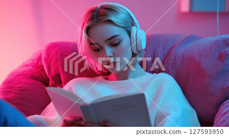 Woman wear headphone while reading leaning on sofa. Woman wear headphone while reading leaning on sofa. 127593950