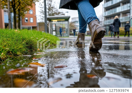 Woman is walking in the rain in city. 127593974