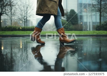 Woman is walking in the rain in city. Woman is walking in the rain in city. 127593975