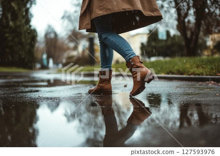Woman is walking in the rain in city. 127593976