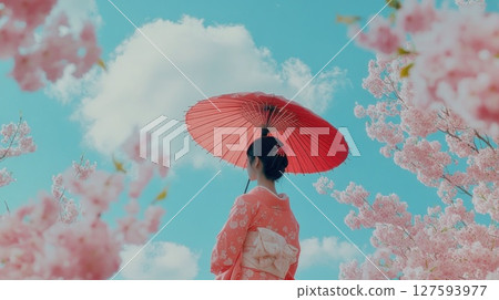 Japanese woman wear traditional dress Kimono at Cherry bossom park. 127593977