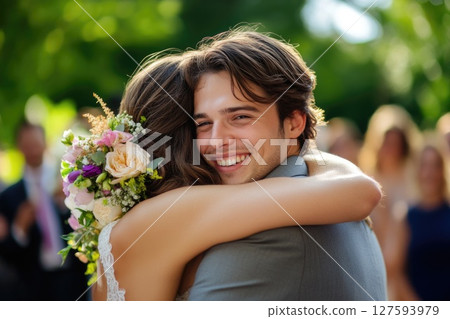 bride holding bouquet of flowers in park bride holding bouquet of flowers in park 127593979