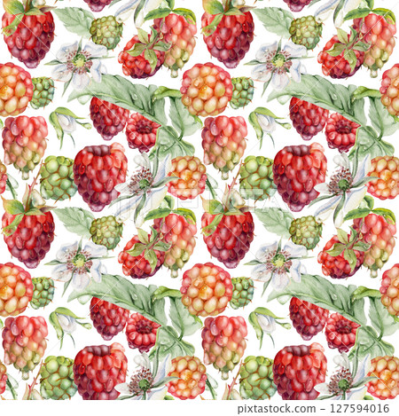 Raspberry ripe garden berries, flowers in water dew drops. Seamless isolated pattern tile hand drawn in watercolor. Home preserves, food store decor, textile washi tape, packaging, wrapping paper 127594016