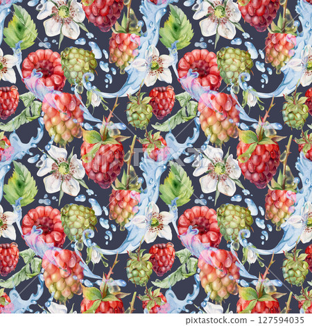 Raspberry leaves, dew drops, ice cubes, water splash hand drawn in watercolor. Ripe summer forest garden berry loganberry. Seamless pattern isolated on dark. Home preserves, packaging, wrapping paper 127594035