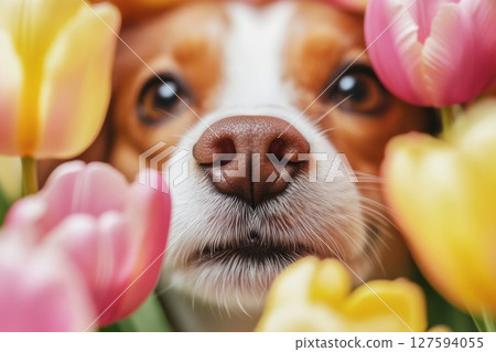 Close up dog nose middle of flower bloom. 127594055