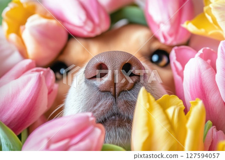 Close up dog nose middle of flower bloom. Close up dog nose middle of flower bloom. 127594057