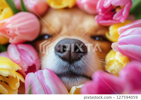 Close up dog nose middle of flower bloom. Close up dog nose middle of flower bloom. 127594059