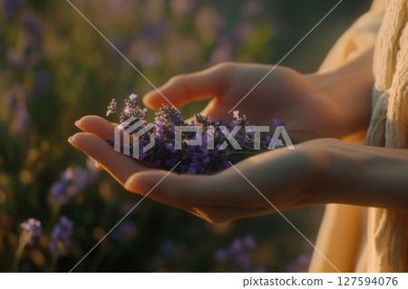 Close up hand hold Lavender flower. Close up hand hold Lavender flower. 127594076
