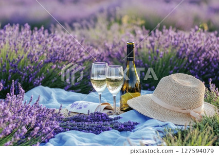 Wine and glass on table with lavender field view. Wine and glass on table with lavender field view. 127594079