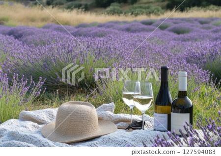Wine and glass on table with lavender field view. Wine and glass on table with lavender field view. 127594083