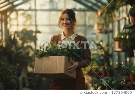 Happy woman plant organic vegetable in glasshouse. 127594090