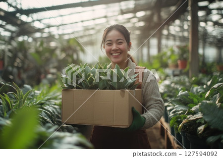 Happy woman plant organic vegetable in glasshouse. 127594092
