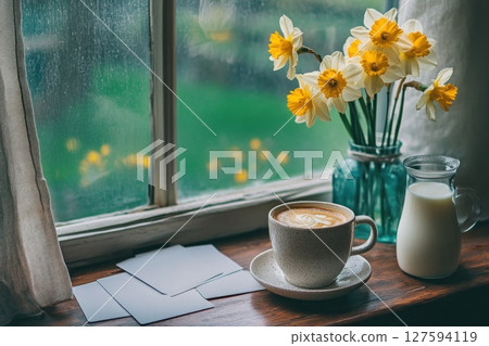 Coffee cup on side table at window. 127594119