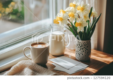 Coffee cup on side table at window. 127594120