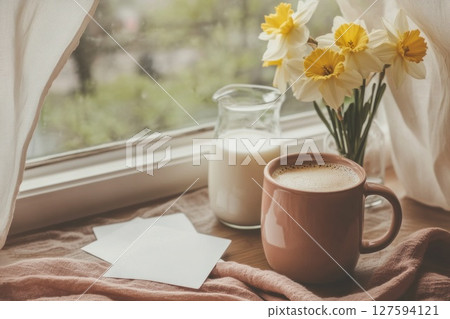Coffee cup on side table at window. 127594121