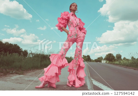 Fashion photography of woman in big city. 127594142