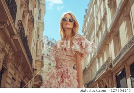 Fashion photography of woman in big city. 127594143