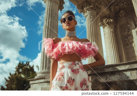 Fashion photography of woman in big city. 127594144