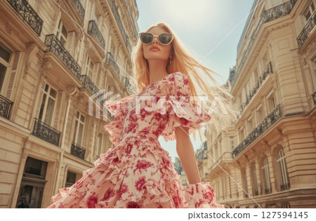 Fashion photography of woman in big city. 127594145