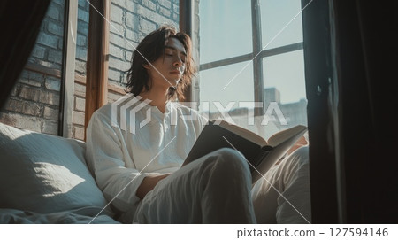Person wear headphone sit on sofa and read book. 127594146