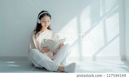 Person wear headphone sit on sofa and read book. Person wear headphone sit on sofa and read book. 127594149
