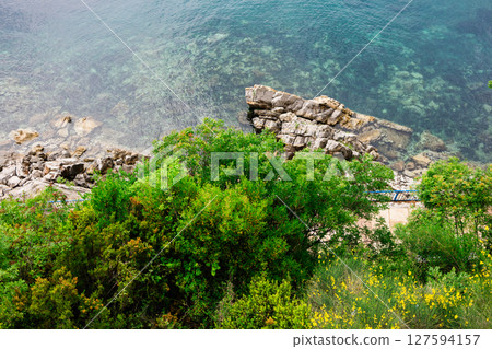 Rocky coastline and crystal-clear sea in Montenegro. Tranquil summer scenery with vibrant greenery and Adriatic shore atmosphere. 127594157