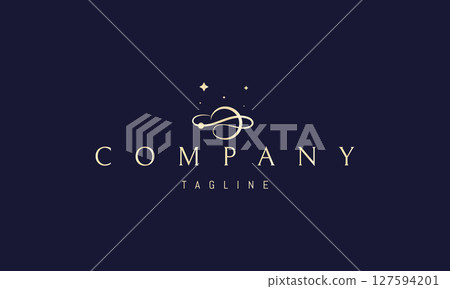 Vector golden logo with an abstract image of a planet with a single line orbit. Vector golden logo with an abstract image of a planet with a single line orbit. 127594201