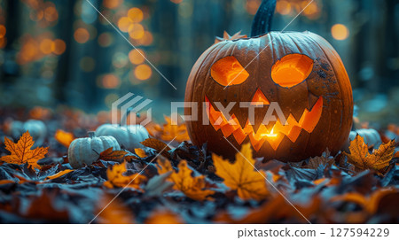 Smiling lantern floating in the autumn forest 127594229