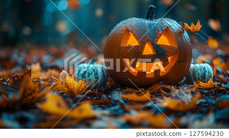 Smiling lantern floating in the autumn forest Smiling lantern floating in the autumn forest 127594230