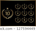 Set of gold banners with anniversary numbers and laurel wreath design for anniversary celebration 127594449