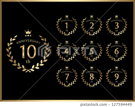 Set of gold banners with anniversary numbers and laurel wreath design for anniversary celebration Set of gold banners with anniversary numbers and laurel wreath design for anniversary celebration 127594449