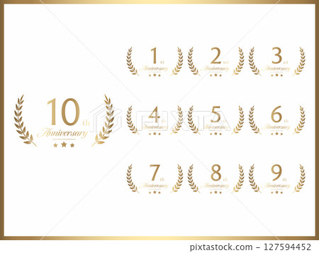一套帶有周年紀念數字和月桂花環設計的金色橫幅，用於週年慶典 127594452