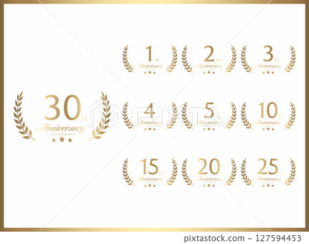一套帶有周年紀念數字和月桂花環設計的金色橫幅，用於週年慶典 127594453