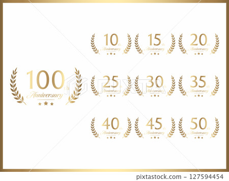一套帶有周年紀念數字和月桂花環設計的金色橫幅，用於週年慶典 127594454