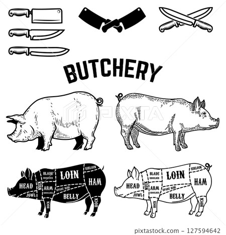 Set of pig isolated on white background. Pork meat. Design element for logo, label, emblem, sign, poster. Vector illustration. 127594642