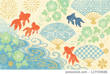 Summer Japanese-style background | Cool illustration of goldfish, morning glories, folding fans and flowing water patterns 127594686