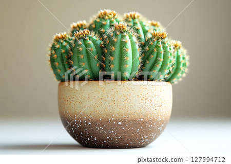 Plant in a small ceramic pot. Potted cactus with spines on a white background. Plant in a small ceramic pot. Potted cactus with spines on a white background. 127594712