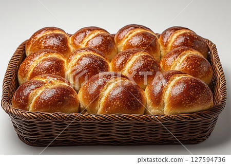 Food trading. Variety of baked buns in on a wooden trading tray on a white background. 127594736