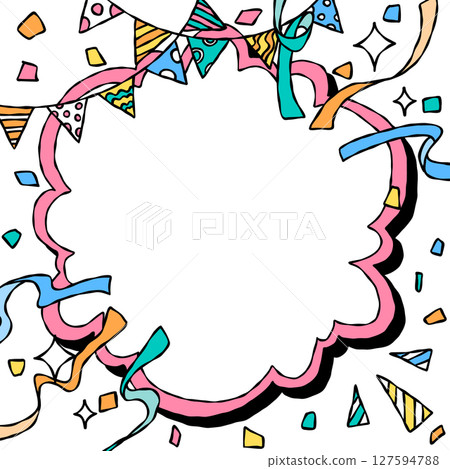 Handwritten pop frame background, curved frame, confetti, garland, square size Handwritten pop frame background, curved frame, confetti, garland, square size 127594788