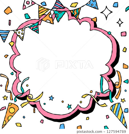 Handwritten pop frame background, curved frame, confetti, garland, crackers, square size Handwritten pop frame background, curved frame, confetti, garland, crackers, square size 127594789
