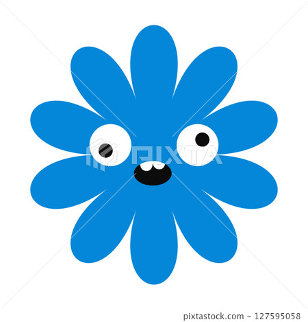 Silly floral emoji with wide eyes and a weird, cheerful smile. A bold, decorative flower in a modern comic style 127595058