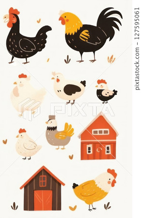 Charming farmyard illustration featuring whimsical chickens and barns 127595061