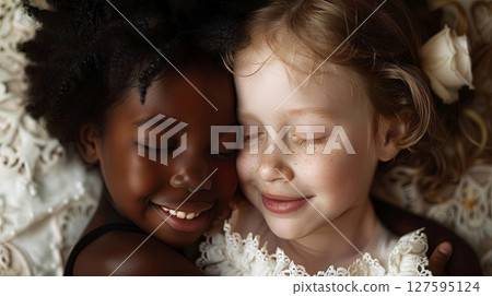 Two children embrace in a heartwarming moment of friendship and unity, capturing the essence of love and joy.  127595124