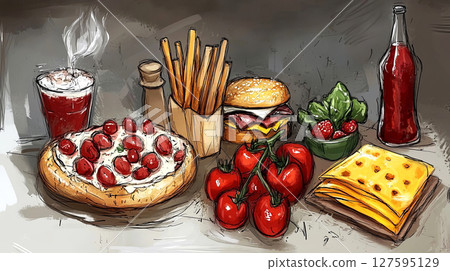 A vibrant illustration of delicious fast food highlights a tempting burger, pizza, fresh tomatoes A vibrant illustration of delicious fast food highlights a tempting burger, pizza, fresh tomatoes 127595129