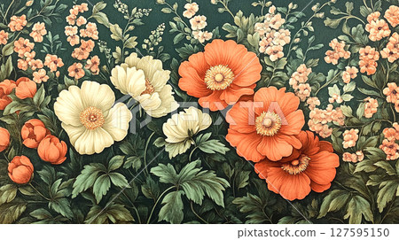 A captivating floral pattern featuring vibrant orange and white blooms against lush greenery, capturing nature beauty in a timeless design. 127595150