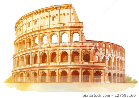 A detailed illustration of the Colosseum, showcasing the ancient architecture with a watercolor effect 127595160