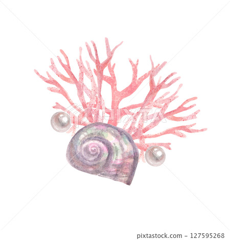 Hand-painted watercolor composition with delicate pink corals, shell and pearl. Composition for marine design. Hand-painted watercolor composition with delicate pink corals, shell and pearl. Composition for marine design. 127595268