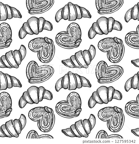 Seamless vector pattern. Pastries, buns, buns, croissants, cheesecakes, all objects are hand-drawn with ink. Suitable for printing on paper, product packaging, bakery design, confectionery. Seamless vector pattern. Pastries, buns, buns, croissants, cheesecakes, all objects are hand-drawn with ink. Suitable for printing on paper, product packaging, bakery design, confectionery. 127595342