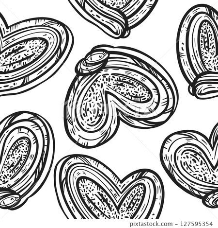 Seamless vector pattern of sweet buns, buns. All objects are hand-drawn in vector in gray. For printing on wrapping paper, fabric, for the design of shops, bakeries and pastry shops. Seamless vector pattern of sweet buns, buns. All objects are hand-drawn in vector in gray. For printing on wrapping paper, fabric, for the design of shops, bakeries and pastry shops. 127595354